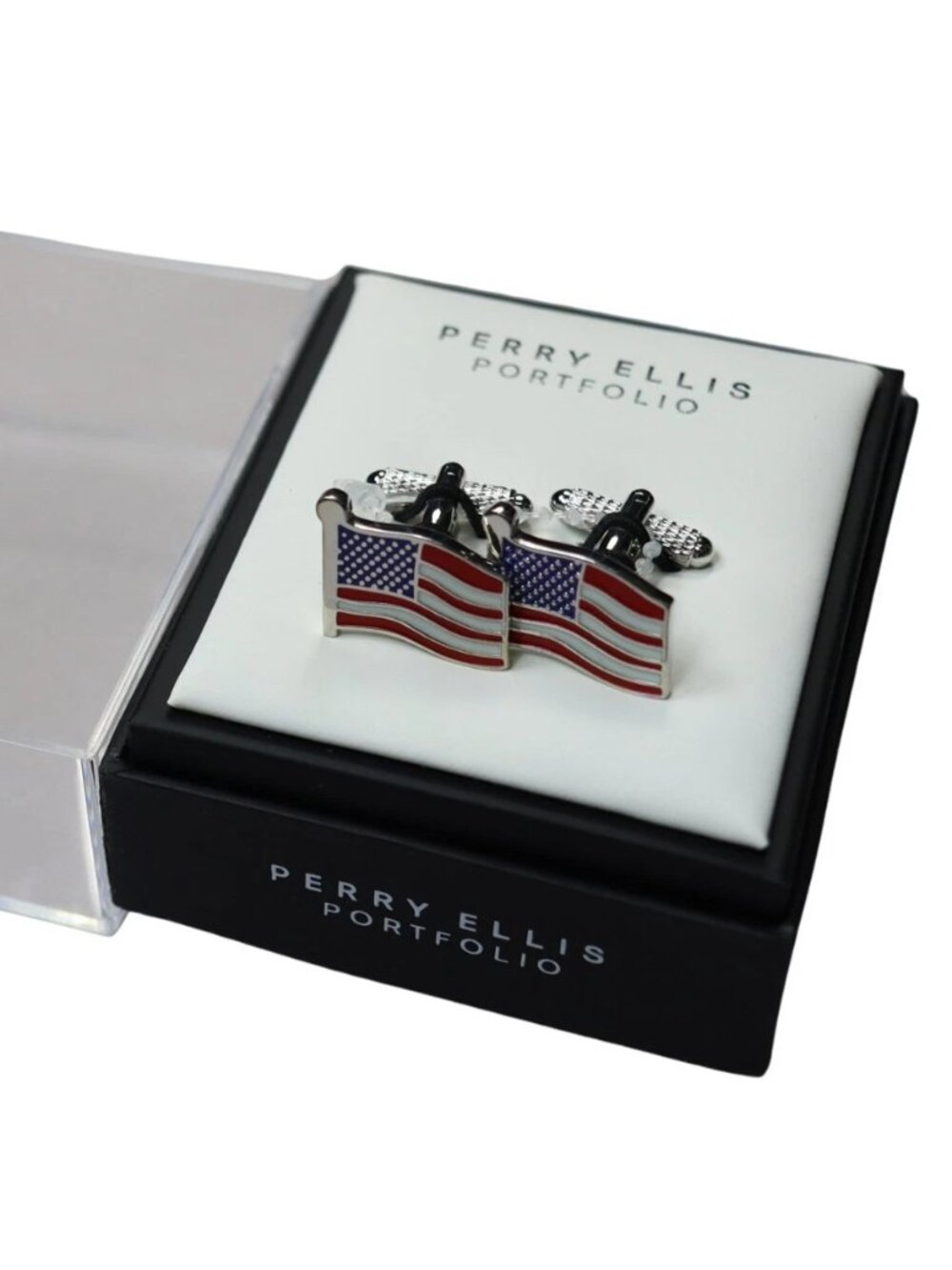 Perry Ellis American Flag Patriotic Whale Back Novelty Men's Cufflinks NIB